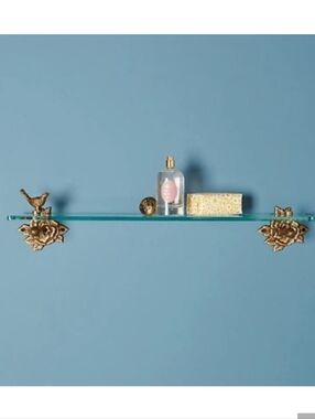 Antiqued Anthropologie Everlee Brass Bird Floral Brackets with Glass Shelf Bath